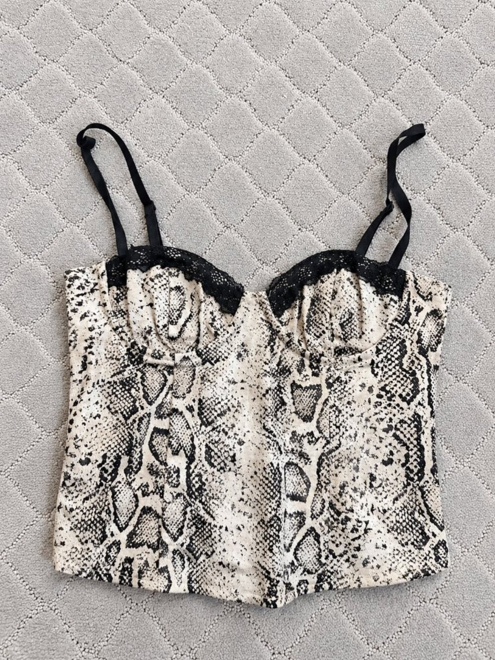 EDIKTED Snakeskin Print Corset Bustier Top Black & White Lace Trim Size S